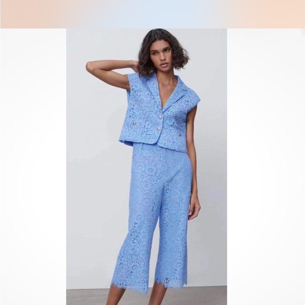 Zara Light Blue Lace Cropped Vest & Pant Set